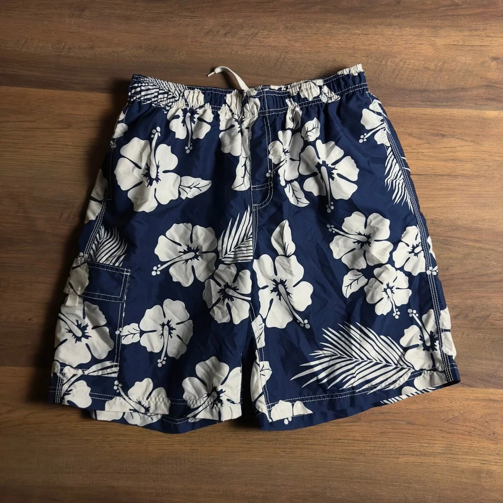 Kanu‎ Surf Mens Swim Trunks Navy Blue White Hibiscus Floral Board Shorts Large